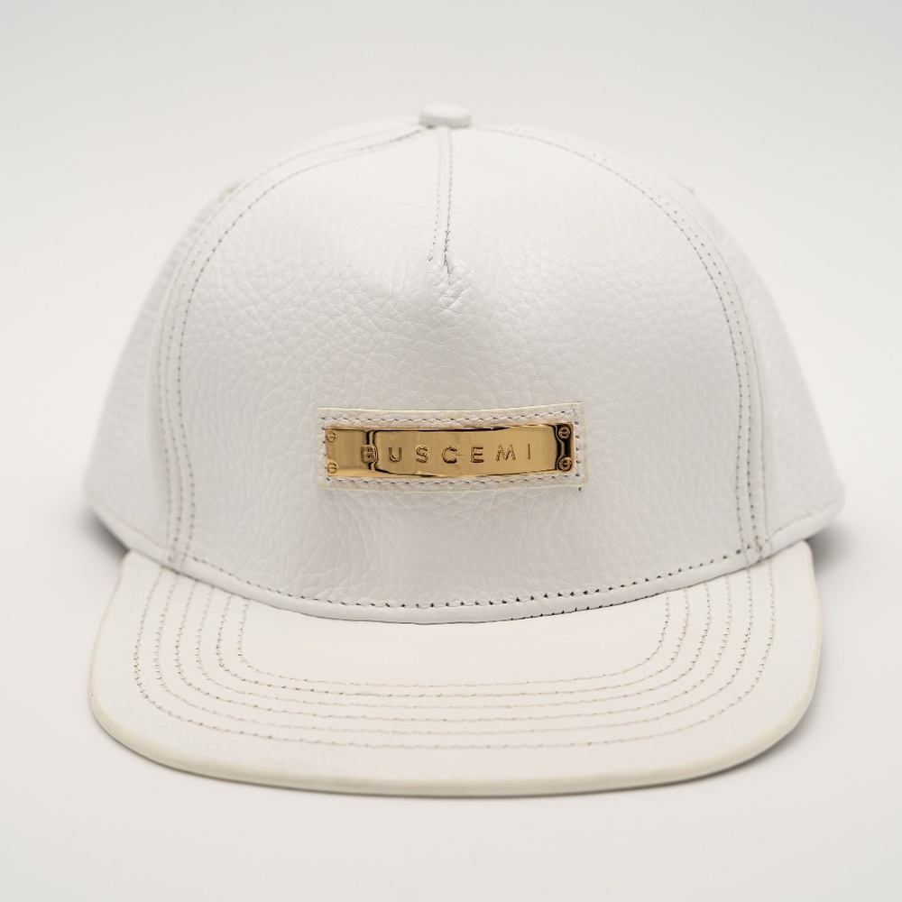 Buscemi Screwback Cap Pebbled Cow Leather White Hat Gold Logo